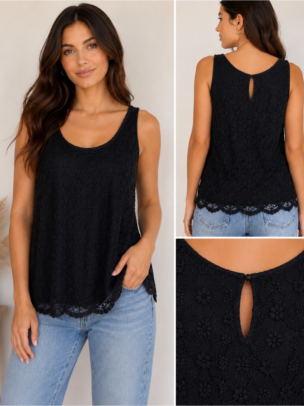 LOFT Black Top w/ Sheer Floral Front Layer